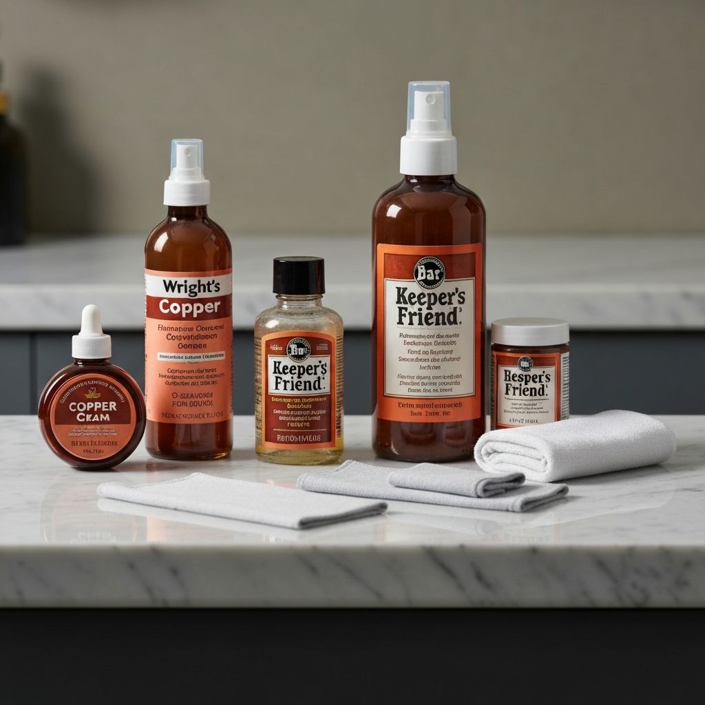 Professional copper cleaning products arranged on a clean kitchen counter