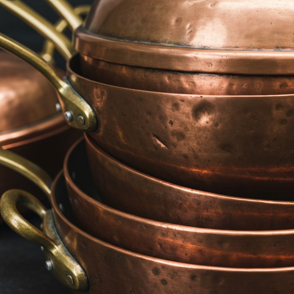 Copper cookware with natural dark patina showing years of use