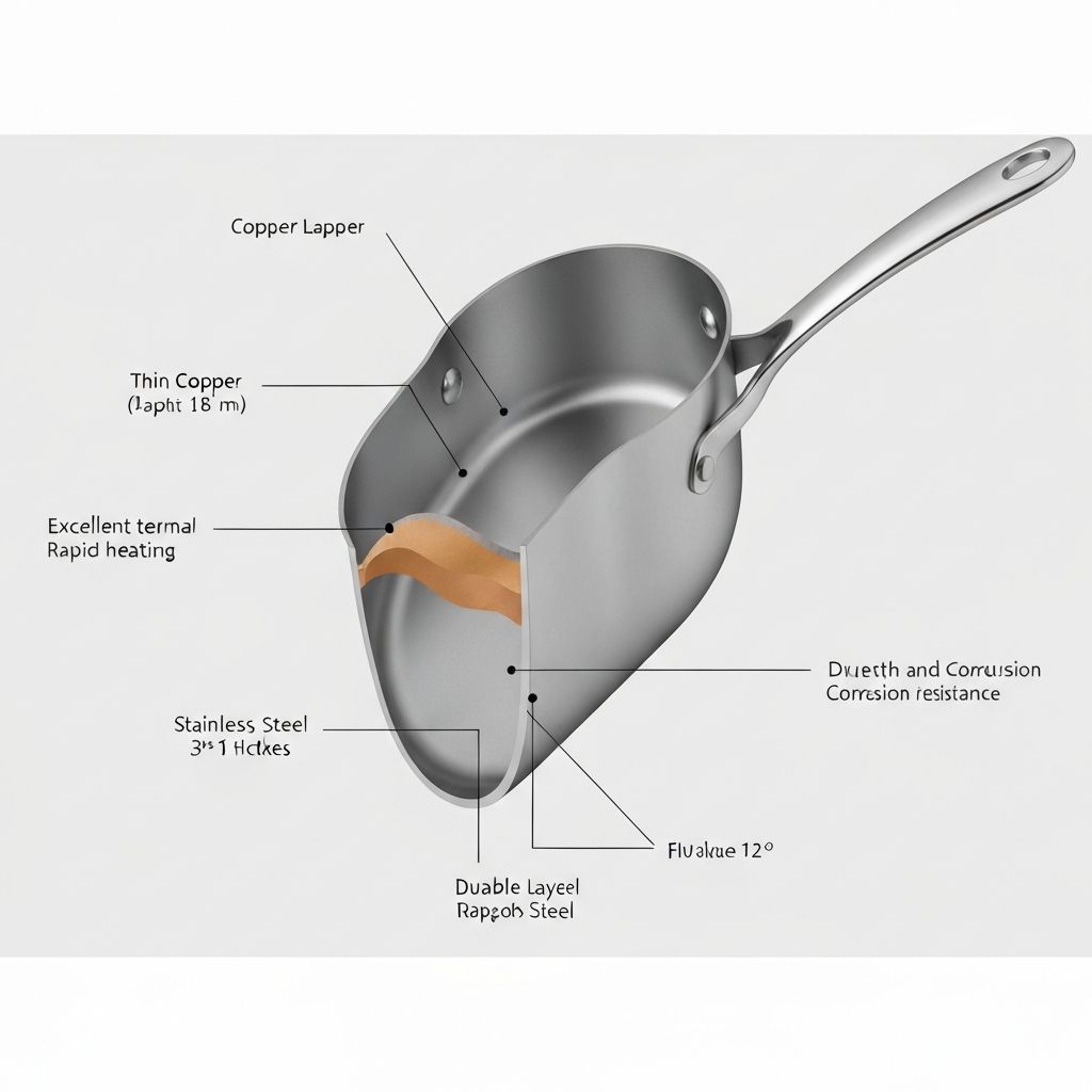 Cross-section of copper core pan showing thin copper layer sandwiched between stainless steel