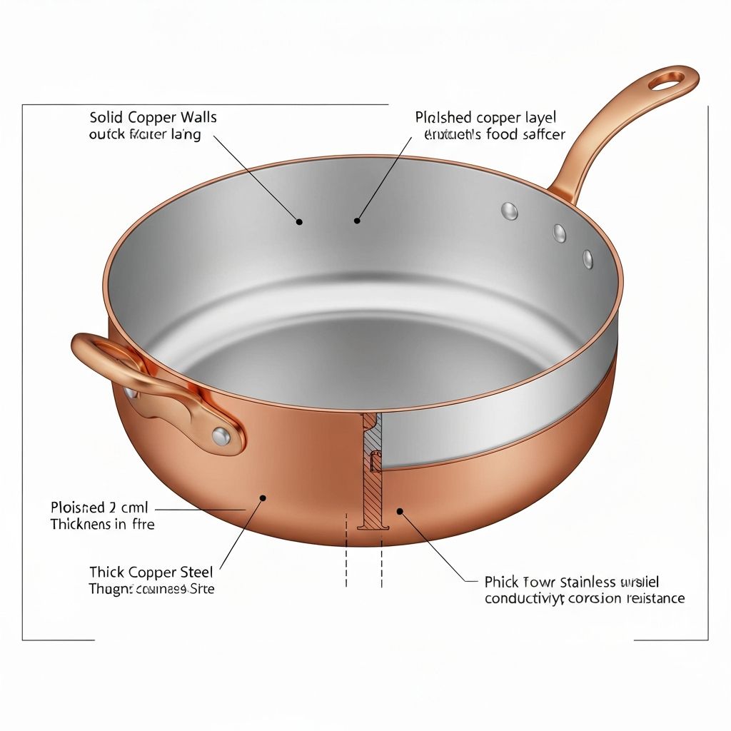 Cross-section of solid copper pan showing thick copper walls with stainless lining