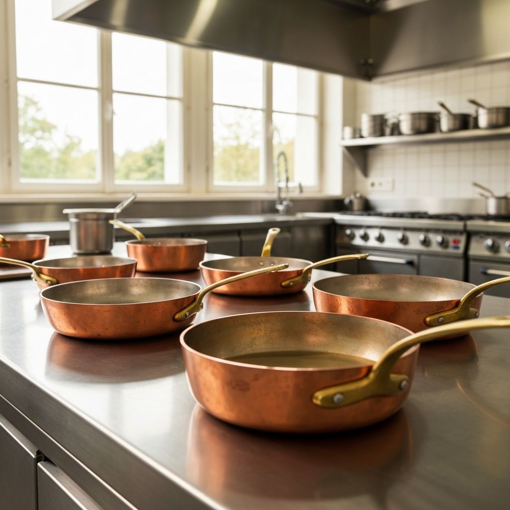 Mauviel smooth finish copper pans in a professional kitchen setting