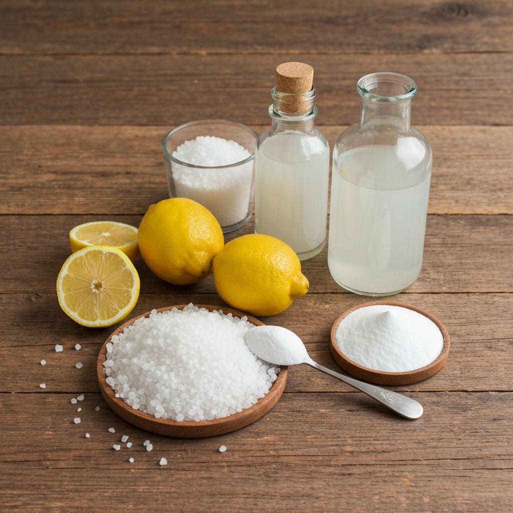 Natural cleaning ingredients for copper cookware including lemon, salt, and vinegar