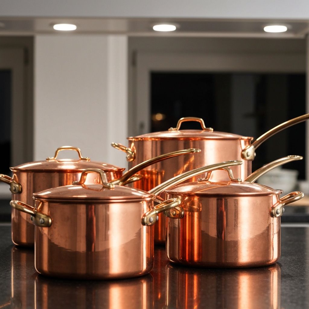 Brightly polished copper cookware with mirror-like shine