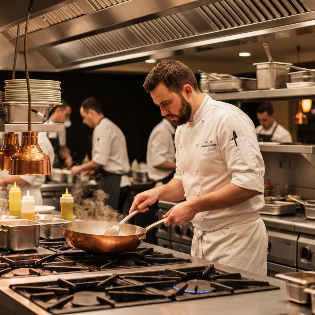 Professional chef cooking with copper cookware in a restaurant kitchen