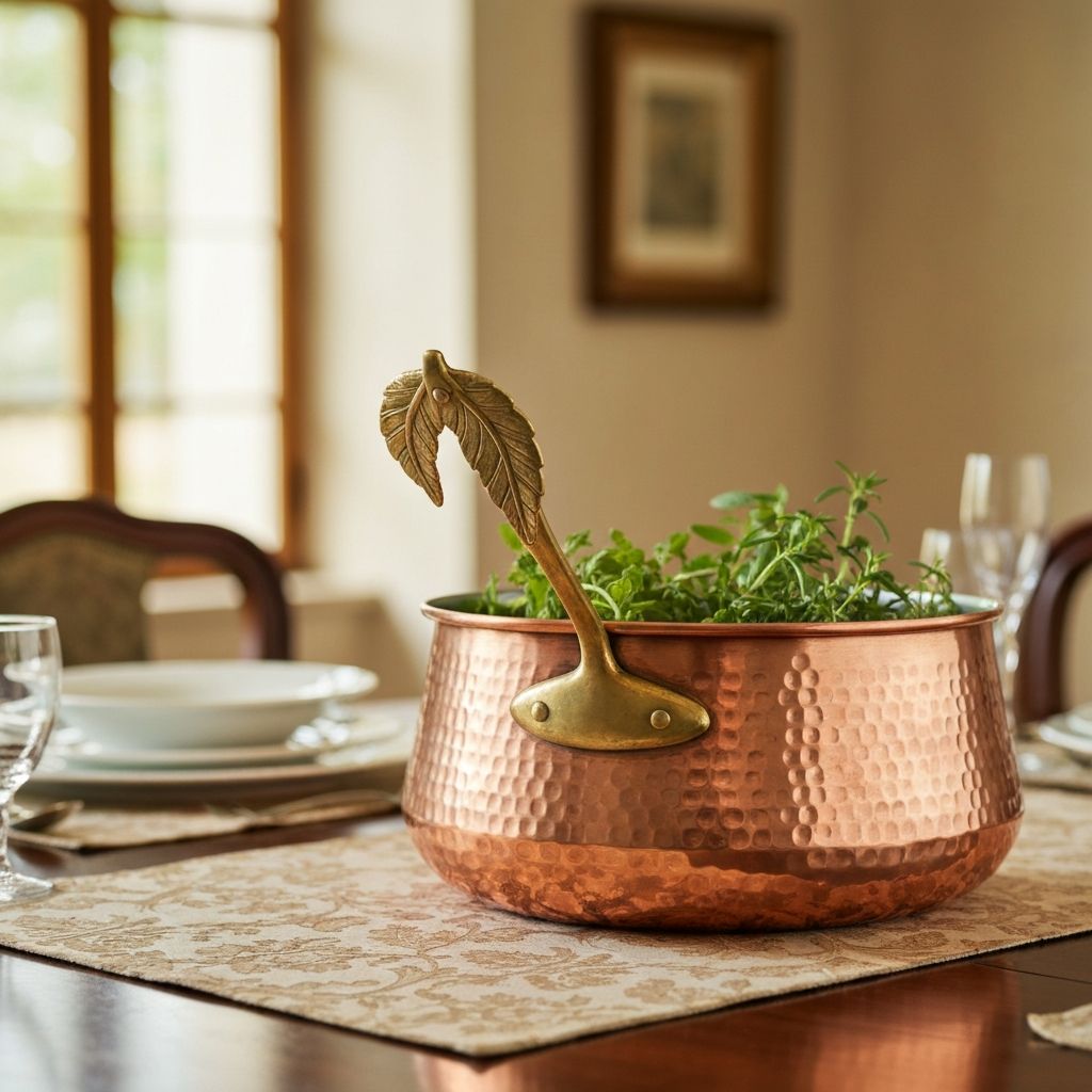 Ruffoni hand-hammered copper pot with decorative brass leaf handle on dining table