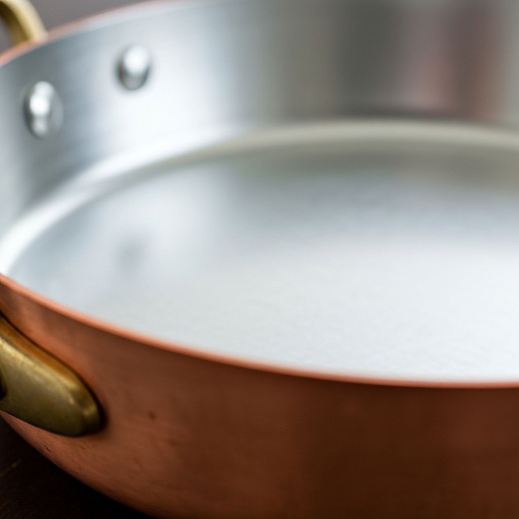 Close-up of tin-lined copper pan interior showing smooth, bright surface