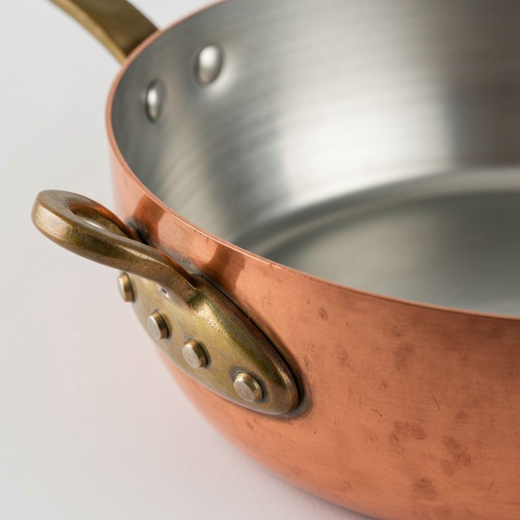 Tin-lined copper pan showing smooth, silvery interior surface